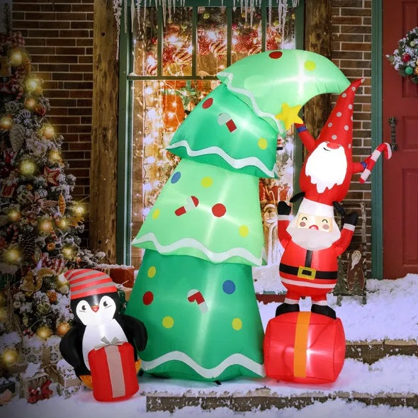 6 FT Lighted Christmas Tree Inflatable with Santa, Elf & Penguin