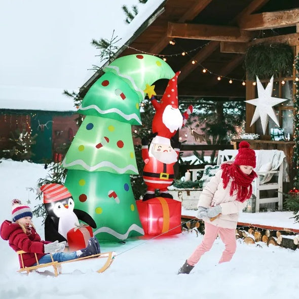 6 FT Lighted Christmas Tree Inflatable with Santa, Elf & Penguin