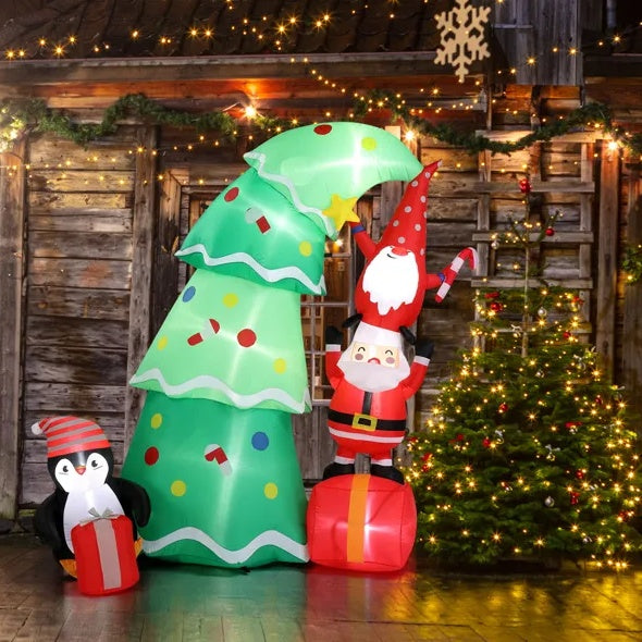 6 FT Lighted Christmas Tree Inflatable with Santa, Elf & Penguin