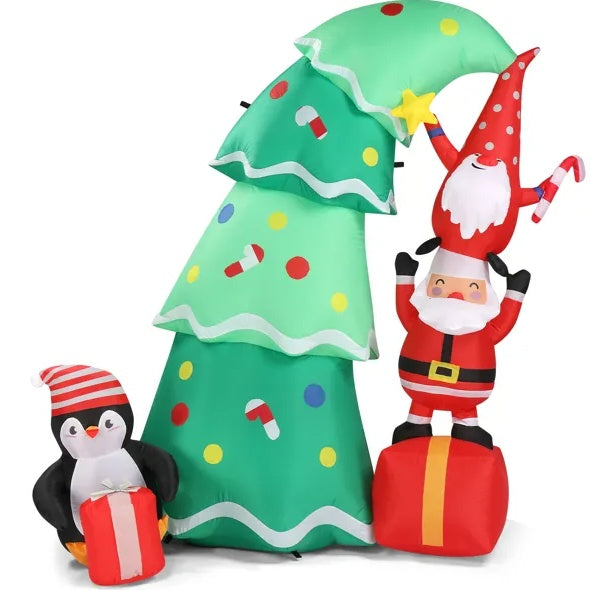 6 FT Lighted Christmas Tree Inflatable with Santa, Elf & Penguin
