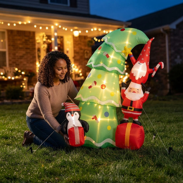6 FT Lighted Christmas Tree Inflatable with Santa, Elf & Penguin ...